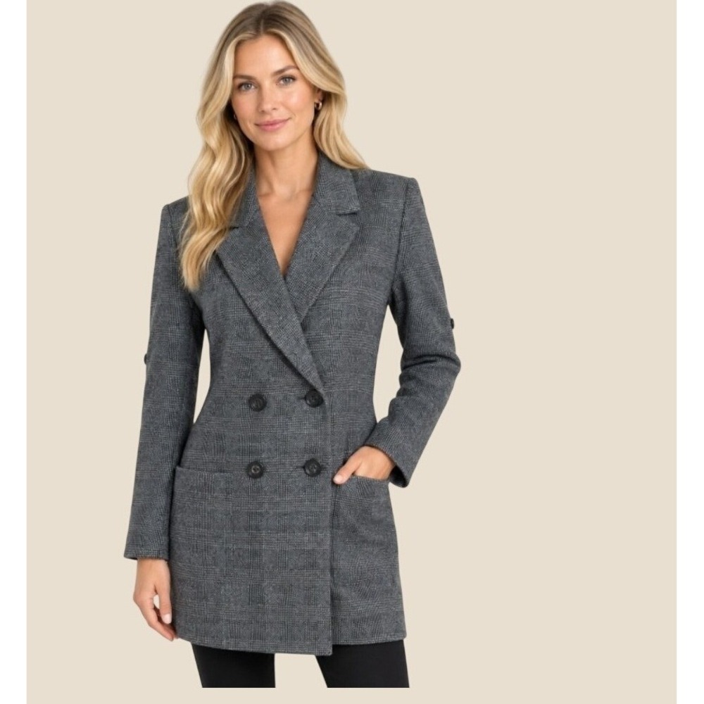 Cabi Bond Blazer Women M Gray Plaid Excellent Double Breasted Belted Jacket 3728